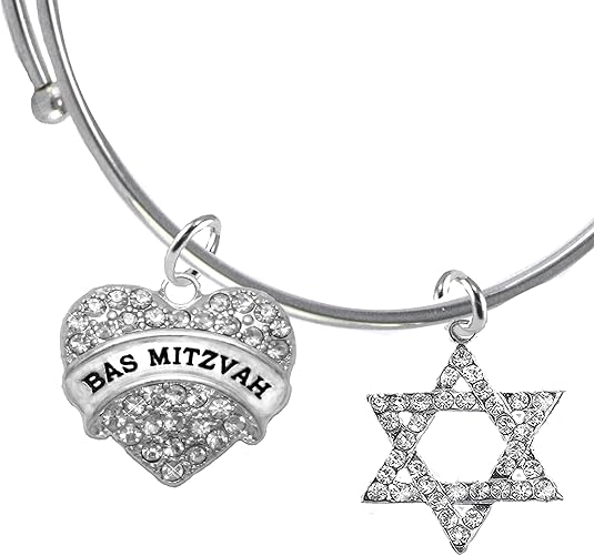 Bas Mitzvah Adjustable Bracelet, Genuine Crystal Heart, Star Of David, Hypoallergenic, Safe-No Nickel, Lead,or Cadmimum