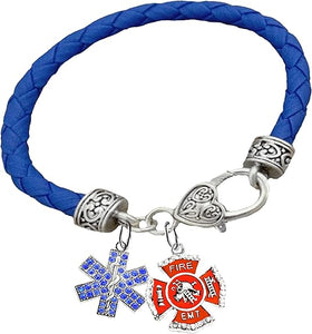 EMT Genuine Crystal Symbol, Firefighter/EMT, On A Blue Leather Hypoallergenic Bracelet, Nickel, Lead, and Poisonous Cadmium Free