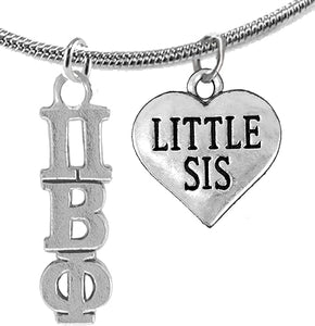 Pi Beta Phi, Authorized Sorority Jewelry Manufacturer, Greek Letters And Little Sis Heart,On A Adjustable Thin Snake Chain Lavaliere/Necklace, Hypoallergenic, Safe-No Nickel, No Lead, And No Poisonous Cadmium