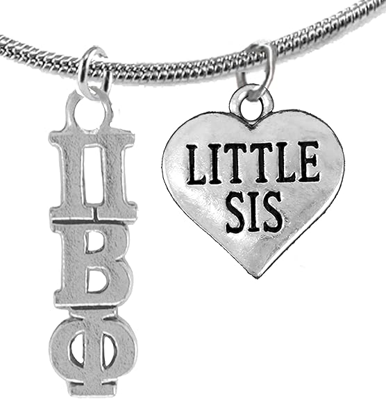 Pi Beta Phi, Authorized Sorority Jewelry Manufacturer, Greek Letters And Little Sis Heart,On A Adjustable Thin Snake Chain Lavaliere/Necklace, Hypoallergenic, Safe-No Nickel, No Lead, And No Poisonous Cadmium