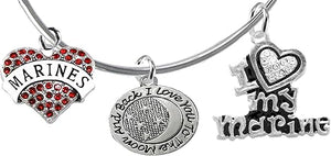 Marine, I Love You to The Moon and Back, Crystal I Love My Marine, Adjustable Miracle Wire Bracelet, Hypoallergenic, Safe-Nickel, Lead, Cadmium Free
