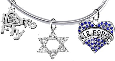 Air Force, I Love to Fly, Genuine Crystal Star of David, Adjustable Bracelet, Hypoallergenic, Safe-Nickel, Lead Free