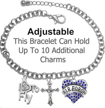 Air Force, I Love to Fly, Genuine Crystal, Crucifix, Adjustable Bracelet, Hypoallergenic, Safe-Nickel, Lead Free