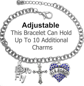 Air Force, I Love to Fly, Genuine Crystal, Crucifix, Adjustable Bracelet, Hypoallergenic, Safe-Nickel, Lead Free