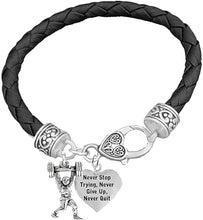 Weightlifters Barbell Lunge Pose, Never Stop Trying, Never Give Up, Never Quit Heart, On A Black Woven Leather Bracelet, Hypoallergenic - Nickel, Lead, And Poisonous Cadmium Free