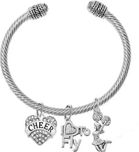 Cheer Crystal Heart, I Love to Fly, Jumping Cheerleader, Hypoallergenic Genuine Cable Silvertone, Adjustable Charm Bracelet, Nickel, Lead, and Cadmium Free
