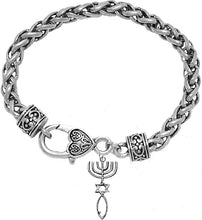 Messianic Seal of Jerusalem With Menorah, Star Of David, Christian Fish (Ichthys) On A Wheat Chain Bracelet, Hypoallergenic, Safe-Nickel, Lead, Cadmium Free