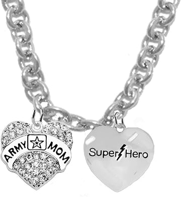 Army Mom, Super Hero, STERLING SILVER Solid .925 Sterling, Not Plated Or Coated. 18 Inch Necklace, Charm Nickel, Lead, Cadmium Free