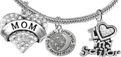 Navy Mom, I Love You to The Moon and Back, Crystal I Love My Sailor, Licensed Navy Charm, Snake Chain Bracelet, Hypoallergenic, Safe-Nickel, Lead, Cadmium Free