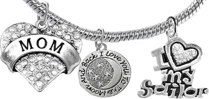 Navy Mom, I Love You to The Moon and Back, Crystal I Love My Sailor, Licensed Navy Charm, Snake Chain Bracelet, Hypoallergenic, Safe-Nickel, Lead, Cadmium Free