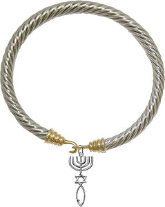 Messianic Seal of Jerusalem with Menorah, Star of David, Christian Fish (Ichthys) On A Gold/Silver Cable Bracelet, Hypoallergenic, Safe-Nickel, Lead, Cadmium Free