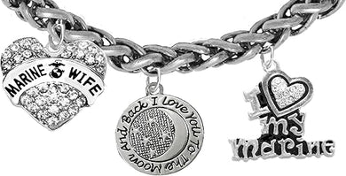 Marine Wife, I Love You to The Moon and Back, I Love My Marine, Hypoallergenic, Safe-Nickel, Lead, Cadmium Free