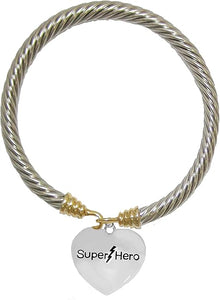 Super Hero Heart Charm On A Two-Tone Cable Adjustabe Bracelet, Hypoallergenic Safe- No Nickel. Lead, Or Poisonous Cadmium