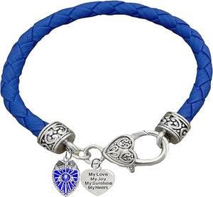 Policeman's Badge. My Love, My Joy, My Sunshine, My Heart, On A Blue Leather Bracelet, Hypoallergenic, Safe-No Nickel, Lead,or Cadmimum