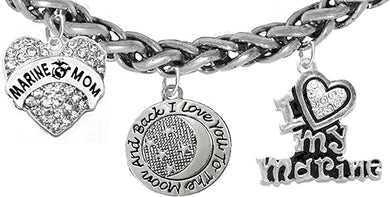 Marine Mom, I Love You to The Moon and Back, I Love My Marine, Hypoallergenic, Safe-Nickel, Lead, Cadmium Free