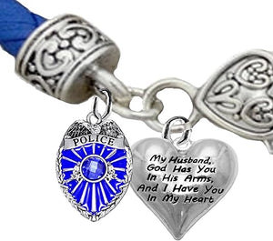 Policeman, My Husband, God Has You In His Arms, And I Have You In My Heart, Blue Leather Bracelet, Hypoallergenic, Safe-No Nickel, Lead,or Cadmimum