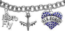 Air Force I Love to Fly Genuine Crystal, Licensed Air Force Charm, and Jet Plane, Adjustable Rolo Chain Bracelet, Hypoallergenic, Safe-Nickel, Lead, Cadmium Free