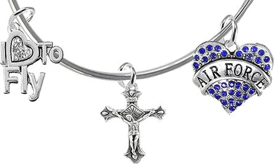Air Force, I Love to Fly, Genuine Crystal, Crucifix, Adjustable Miracle Wire Bracelet, Hypoallergenic, Safe-Nickel, Lead Free