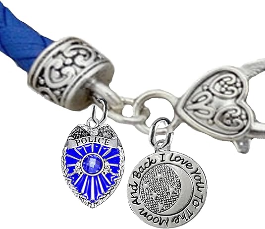 Policeman, I Love YouTo The Moon And Back, Blue Leather Bracelet, Hypoallergenic, Safe-No Nickel, Lead,or Cadmimum