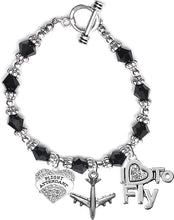 Airline Flight Attendant, I Love to Fly, Hypoallergenic Black Crystal Charm Bracelet, Nickel, Lead, and Cadmium Free