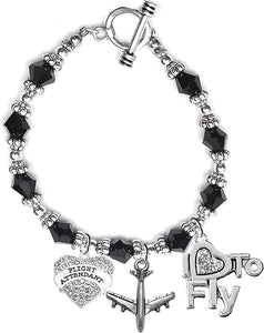 Airline Flight Attendant, I Love to Fly, Hypoallergenic Black Crystal Charm Bracelet, Nickel, Lead, and Cadmium Free