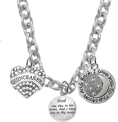 Quinceañera Heart,God Has You In His Arms,I Have You In My Heart, I Love You to The Moon and Back,On A Adjustable Chain Necklace,Hypoallergenic,Safe-No Nickel,No Lead And No Poisonous Cadmium In Metal