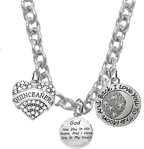 Quinceañera Crystal Heart, God Has You in His Hands. I Love You to The Moon. On A Sterling Silver Solid .925 Sterling,Not Plated Or Coated Chain Necklace, Charm-Nickel, Lead, Cadmium Free2020