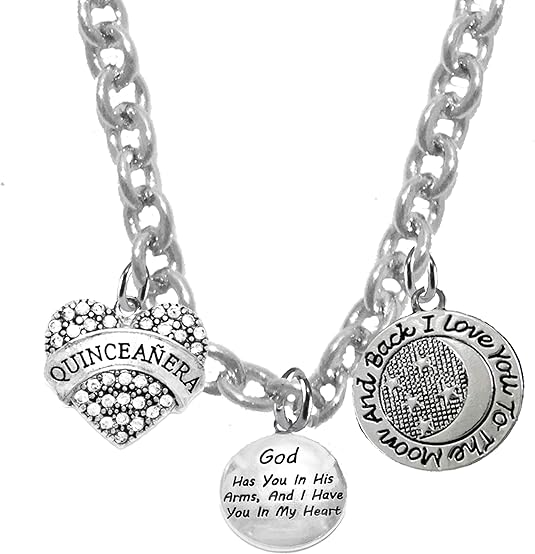 Quinceañera Crystal Heart, God Has You in His Hands. I Love You to The Moon. On A Sterling Silver Solid .925 Sterling,Not Plated Or Coated Chain Necklace, Charm-Nickel, Lead, Cadmium Free2020