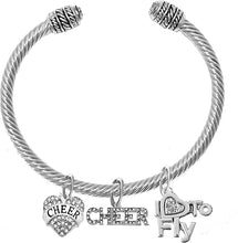 Cheer Crystal Heart, Crystal I Love To Fly, Crystal Cheer Banner, Hypoallergenic, Adjustable, Genuine Cable Silvertone Charm Bracelet, Nickel, Lead, And Cadmium Free