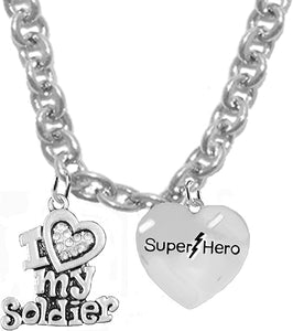 I Love My Soldier, Super Hero, STERLING SILVER Solid .925 Sterling, Not Plated Or Coated. 18 Inch Necklace, Charm Nickel, Lead, Cadmium Free