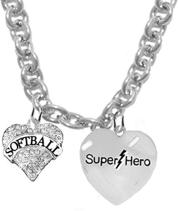 SOFTBALL, SUPER HERO, Sterling Silver, Solid .925 Sterling, Not Plated Or Coated,18 Inch Necklace.Charm,Nickel,Lead Free.Fast