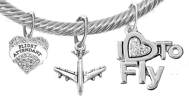 Airline Flight Attendant, I Love to Fly, Adjustable, Hypoallergenic Genuine Cable with Crystal Ends Charm Bracelet, Nickel, Lead, and Cadmium Free