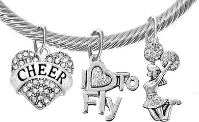 Cheer Crystal Heart, I Love to Fly, Jumping Cheerleader, Hypoallergenic Genuine Cable Silvertone, Adjustable Charm Bracelet, Nickel, Lead, and Cadmium Free