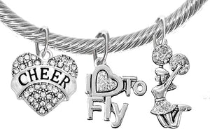 Cheer Crystal Heart, I Love to Fly, Jumping Cheerleader, Hypoallergenic Genuine Cable Silvertone, Adjustable Charm Bracelet, Nickel, Lead, and Cadmium Free