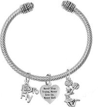 Cheer Never Give Up, Never Quit, I Love to Fly, Jumping Cheerleader, Adjustable, Hypoallergenic Genuine Cable Silvertone Charm Bracelet, Nickel, Lead, and Cadmium Free