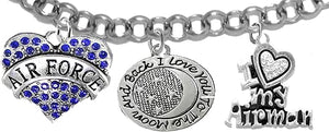 Air Force, I Love You to The Moon and Back, I Love My Airman, Adjustable Rolo Chain Bracelet, Hypoallergenic, Safe-Nickel, Lead, Cadmium Free