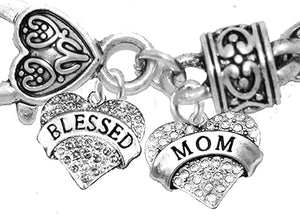 Mom, Genuine Smoke Crystal Blessed Heart And Genuine Crystal Mom Heart, Bracelet, Hypoallergenic, Safe-Nickel, Lead, Free