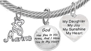 Marine Mom, My Daughter, God Has You in His Arms and I Have You in My Heart, Adjustable, Hypoallergenic Safe, No Nickel, Lead, Or Poisonous Cadmium in Bracelet