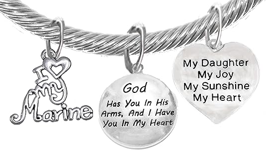 Marine Mom, My Daughter, God Has You in His Arms and I Have You in My Heart, Adjustable, Hypoallergenic Safe, No Nickel, Lead, Or Poisonous Cadmium in Bracelet