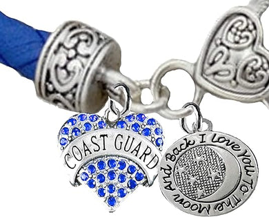 Coast Guard, I Love You to The Moon and Back Charm, Genuine Leather Bracelet, Hypoallergenic, Safe- Nickel, Lead, and Cadmium Free
