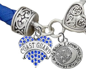 Coast Guard, I Love You to The Moon and Back Charm, Genuine Leather Bracelet, Hypoallergenic, Safe- Nickel, Lead, and Cadmium Free