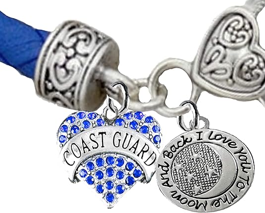 Coast Guard, I Love You to The Moon and Back Charm, Genuine Leather Bracelet, Hypoallergenic, Safe- Nickel, Lead, and Cadmium Free