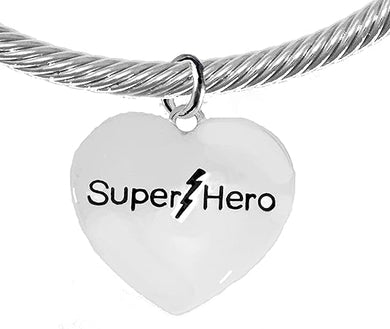 Super Hero Heart Charm On a Cable Wire Adjustabe Bracelet, Genuine Crystal End Stones, Hypoallergenic Safe- No Nickel. Lead, Or Poisonous Cadmium