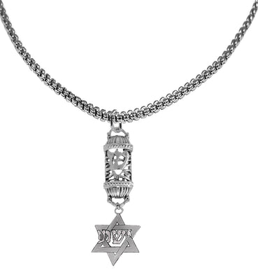 Messianic Antique Silvertone Mezzuah With A S (Shin) In Hebrew Meaning One Of God's Names, Shaddai , And Suspended Is A Silvrtone Star Of David With Silvertone Yeshua (Jesus) In Hebrew On The Star Of David, Adjustable Silvertone Box Chain Necklace