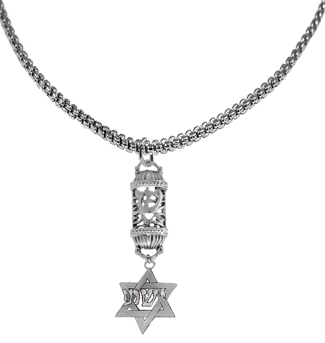 Messianic Antique Silvertone Mezzuah With A S (Shin) In Hebrew Meaning One Of God's Names, Shaddai , And Suspended Is A Silvrtone Star Of David With Silvertone Yeshua (Jesus) In Hebrew On The Star Of David, Adjustable Silvertone Box Chain Necklace