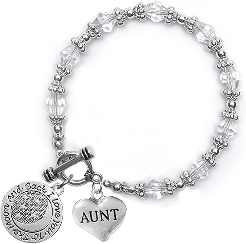 Aunt I Love You to The Moon and Back Clear Crystal Charm Bracelet, Hypoallergenic, Safe, Nickel, Lead & Cadmium Free.