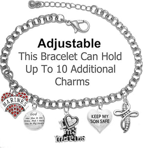 Marine, My Son, God Has You in His Arms and I Have You in My Heart, Genuine Crystal Cross Heart, Adjustable, Hypoallergenic Safe, No Nickel, Lead, Or Poisonous Cadmium in Bracelet