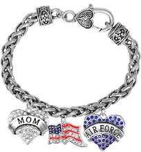 Air Force Mom, Crystal American Flag, Licensed Air Force Charm, New, Antique Wheat Chain Bracelet, Hypoallergenic, Safe-Nickel, Lead, Cadmium Free