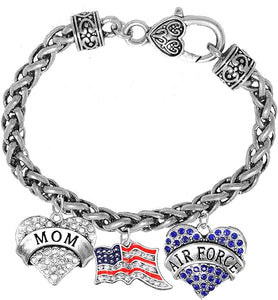 Air Force Mom, Crystal American Flag, Licensed Air Force Charm, New, Antique Wheat Chain Bracelet, Hypoallergenic, Safe-Nickel, Lead, Cadmium Free