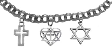 Messianic Silvertone High Polished Cross And Star Of David On Each Side Of A Heart Enclosing A Star Of David And A Cross On A  Adjustable Chain Bracelet ,That Will Fit Anyone 5